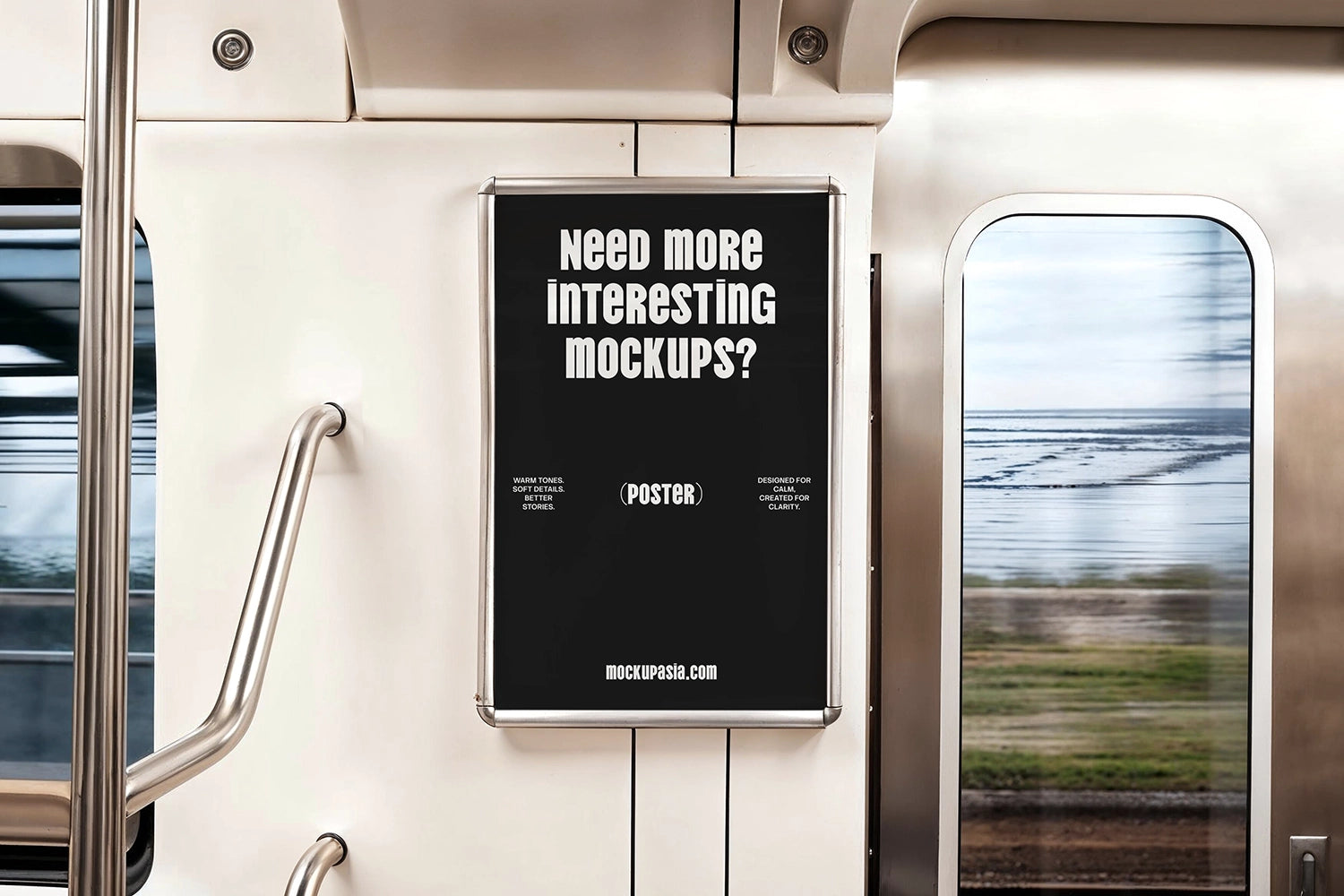 realistic metro poster mockup on train wall with natural light and urban transit setting