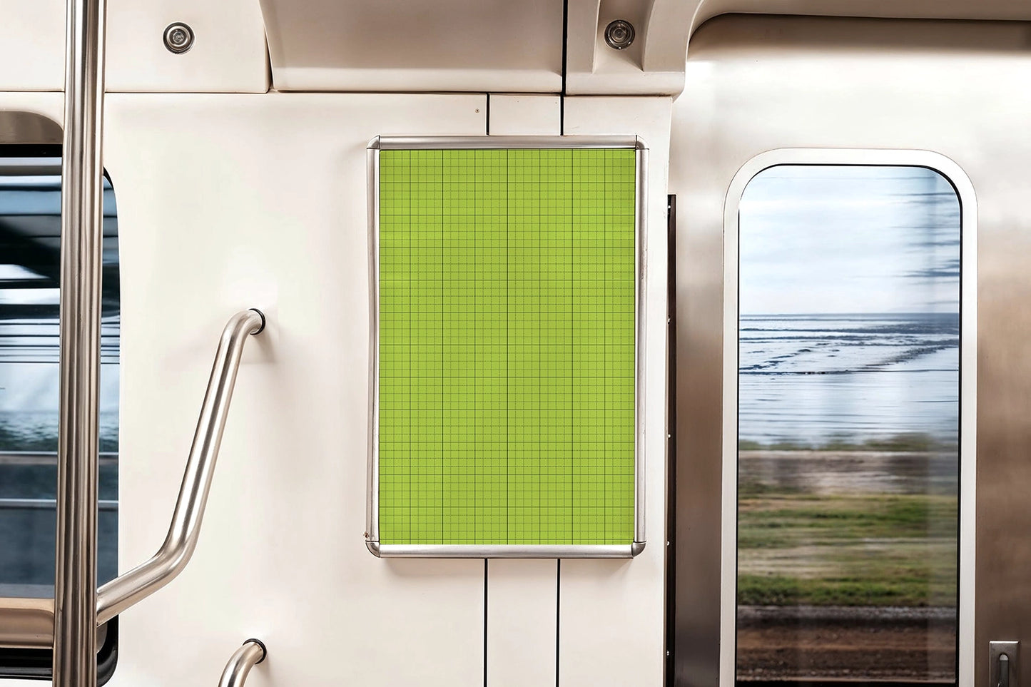 vertical poster mockup in subway interior with stainless steel details and modern typography