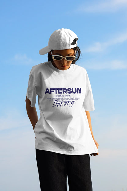 t shirt mockup on model with sky background and natural sunlight realistic apparel presentation