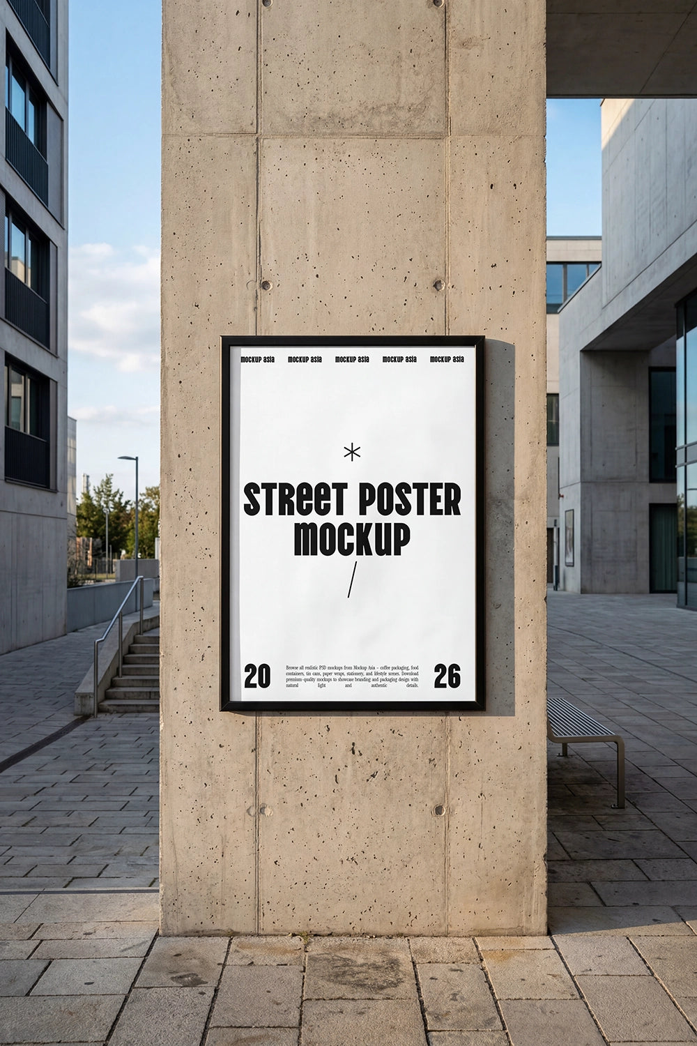 street poster mockup on concrete pillar with modern urban architecture background