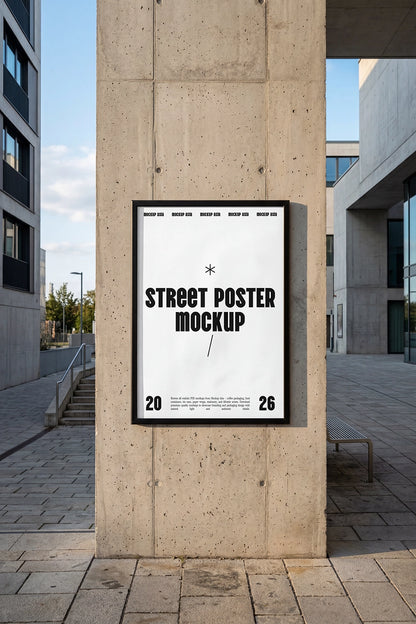 street poster mockup on concrete pillar with modern urban architecture background