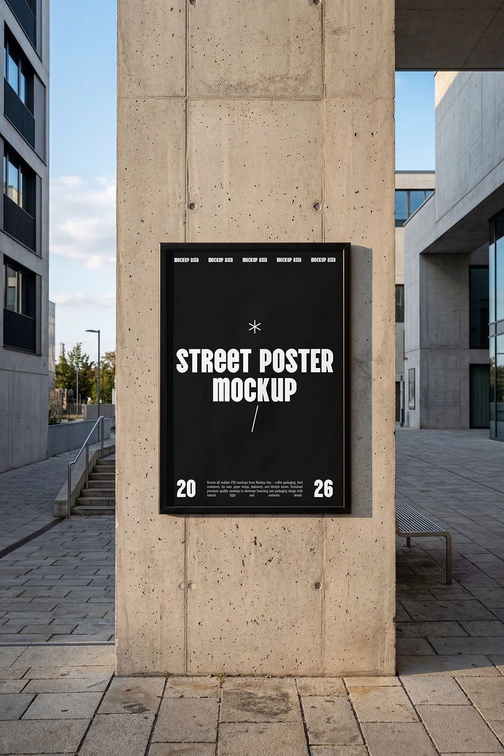 vertical street poster mockup on concrete column with natural daylight and shadows