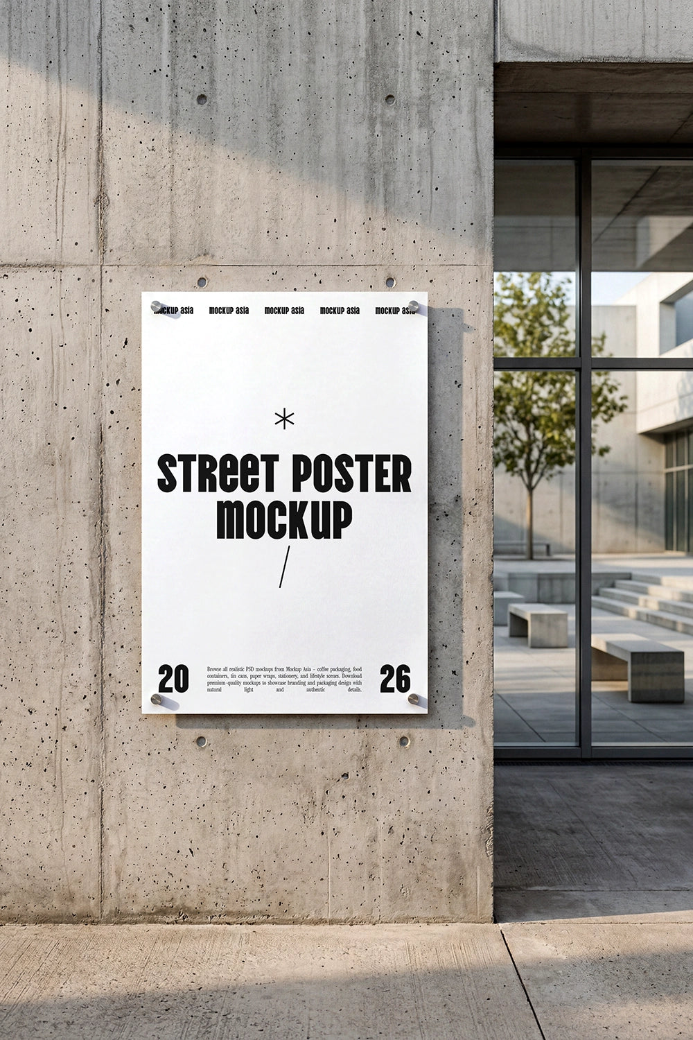 street poster mockup on raw concrete wall with modern architectural courtyard background