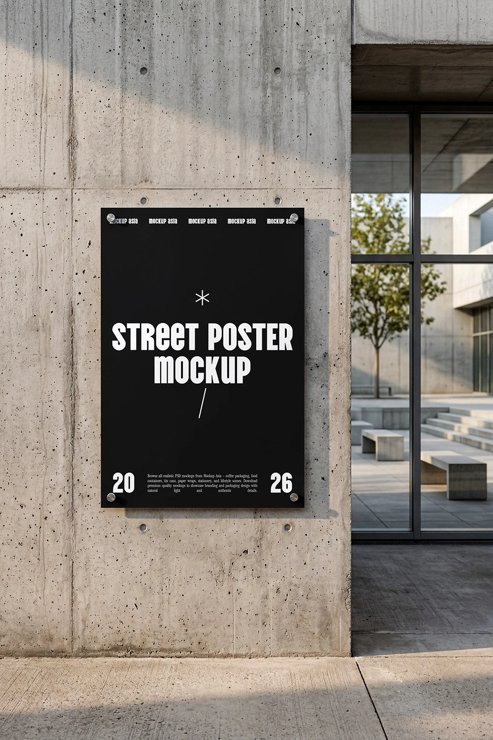 realistic outdoor poster mockup with screw-mounted design on concrete surface