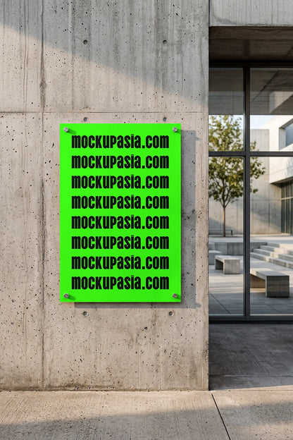 vertical street poster mockup on бетон wall with glass window and minimal urban setting