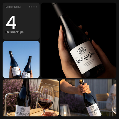 Wine Bottle Mockup Bundle – Vineyard Edition – 4 PSD mockups by Mockup.Asia